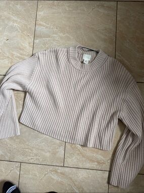 H&M Ribbed Cropped Crewneck Sweater - Light Beige